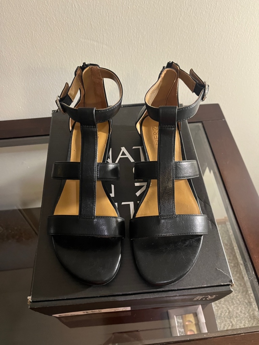 Naturalized Huda Classic Black T-Strap Ankle Sandals for Women